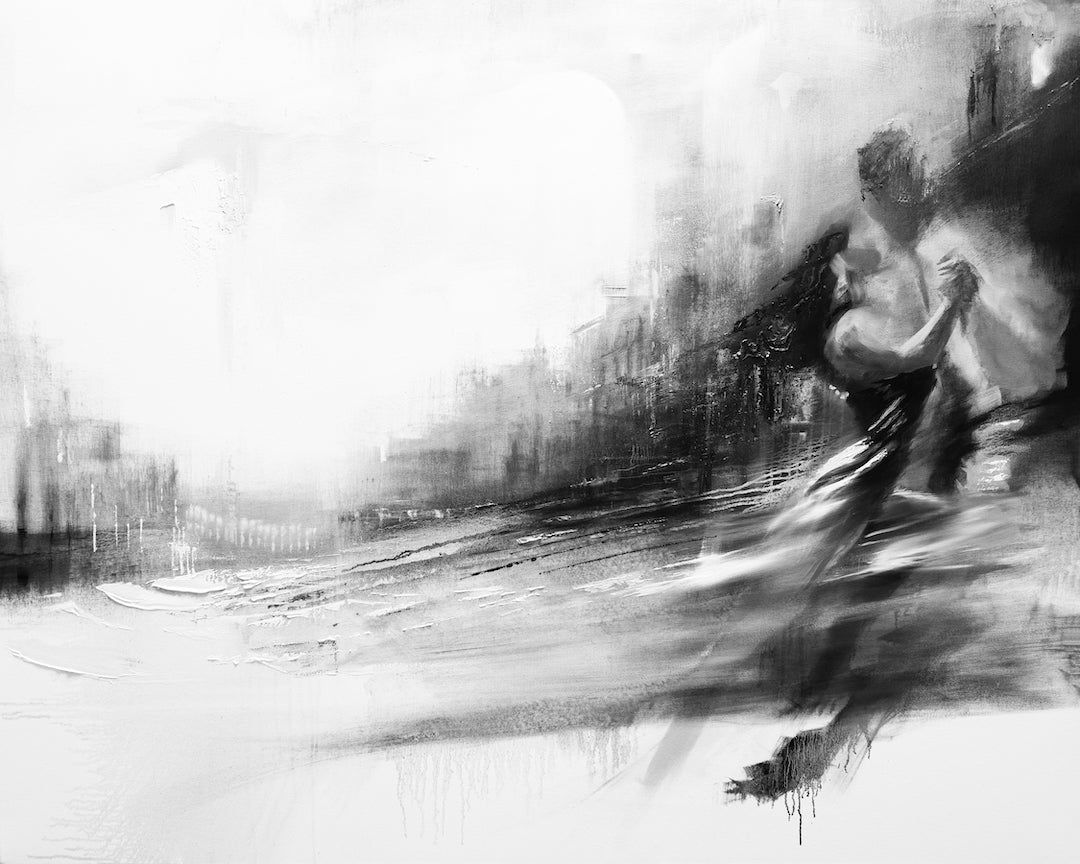 Black and white fine art print of two blurred dancers in motion, showcasing rich brushwork and gallery-level craftsmanship. - Dancers #3/#05/D - Black & White, Color, Dancers, Figurative, Prints, Subject Matter