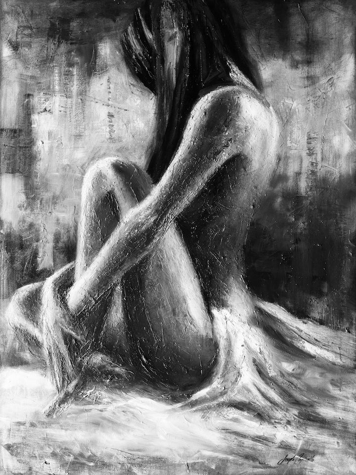 Black and white fine art canvas print depicting a seated female figure with detailed brushwork and rich textures, showcasing . - Sitting Pretty/#07/D - Black & White, Color, Figurative, Prints, Subject Matter