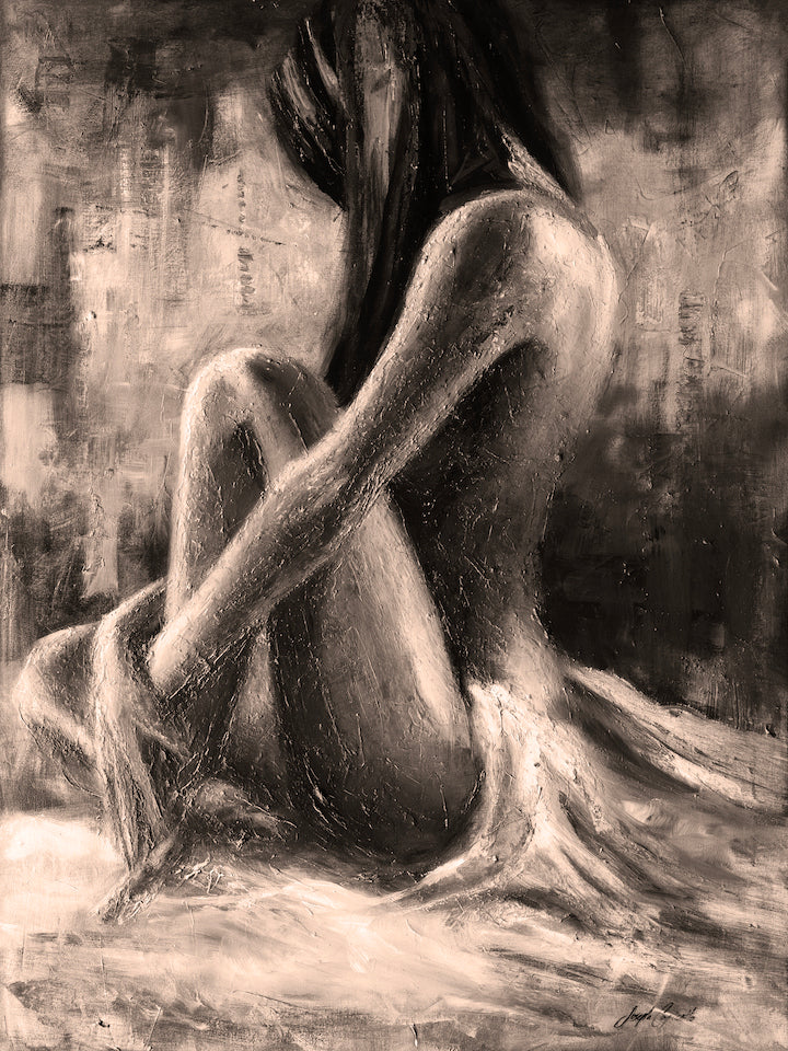 Rich sepia-toned fine art print depicting a seated female figure with detailed craftsmanship, capturing a gallery-level,. - Sitting Pretty/#07/E - Color, Figurative, Prints, Sepia, Subject Matter