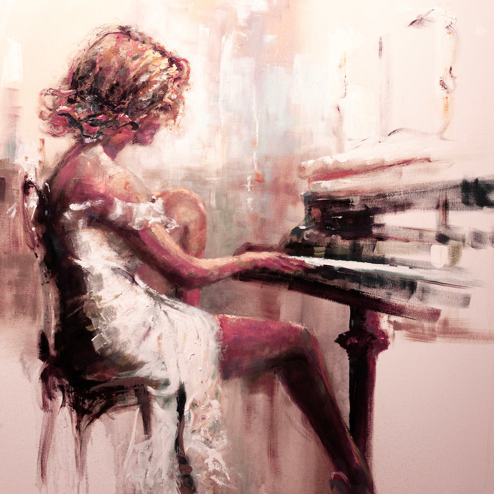Richly textured fine art print depicting a woman in reds playing a piano, showcasing gallery-level craftsmanship and limited . - Solo Serenade/#102/B - Color, Figurative, Prints, Reds, Subject Matter, Women & Piano