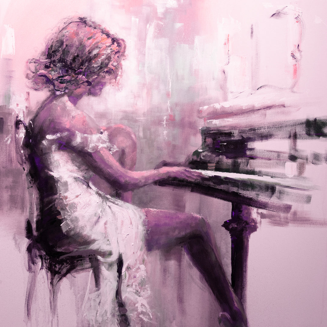 Limited fine art print showing a figurative woman playing piano in rich purples and soft pink tones, showcasing. - Solo Serenade/#102/C - Color, Figurative, Prints, Purples, Subject Matter, Women & Piano