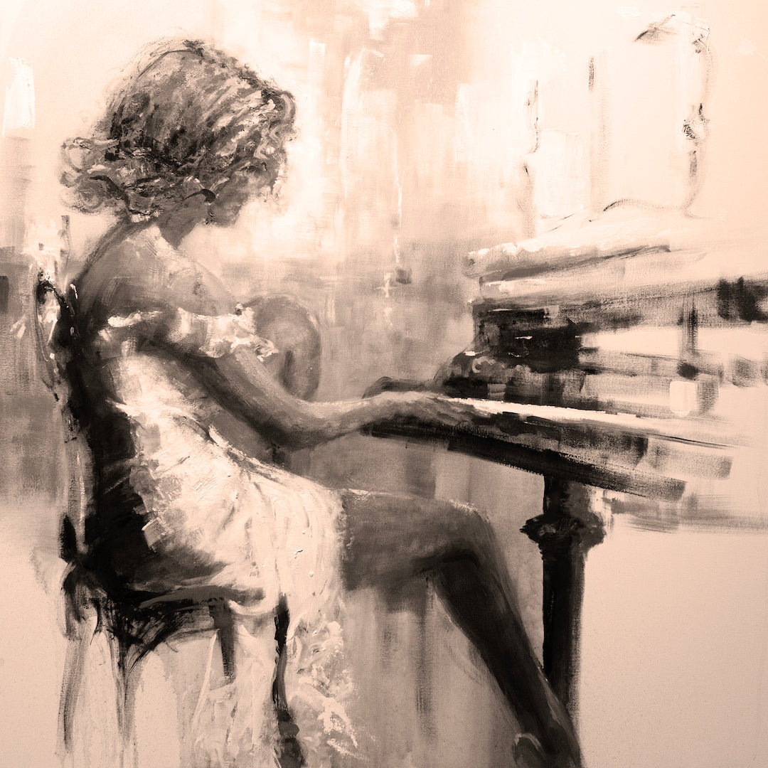 Rich sepia-toned fine art print depicting a woman playing piano with delicate brushwork and gallery-level craftsmanship. - Solo Serenade/#102/E - Color, Figurative, Prints, Sepia, Subject Matter, Women & Piano