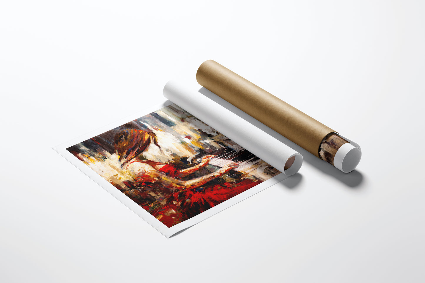 Rolled canvas fine art print depicting a rich, figurative scene of a woman playing piano, showcasing gallery-level. - Fragmented Memories/AP/#104 - Artist Proofs, Figurative AP, Rolled Canvas, Women & Piano AP