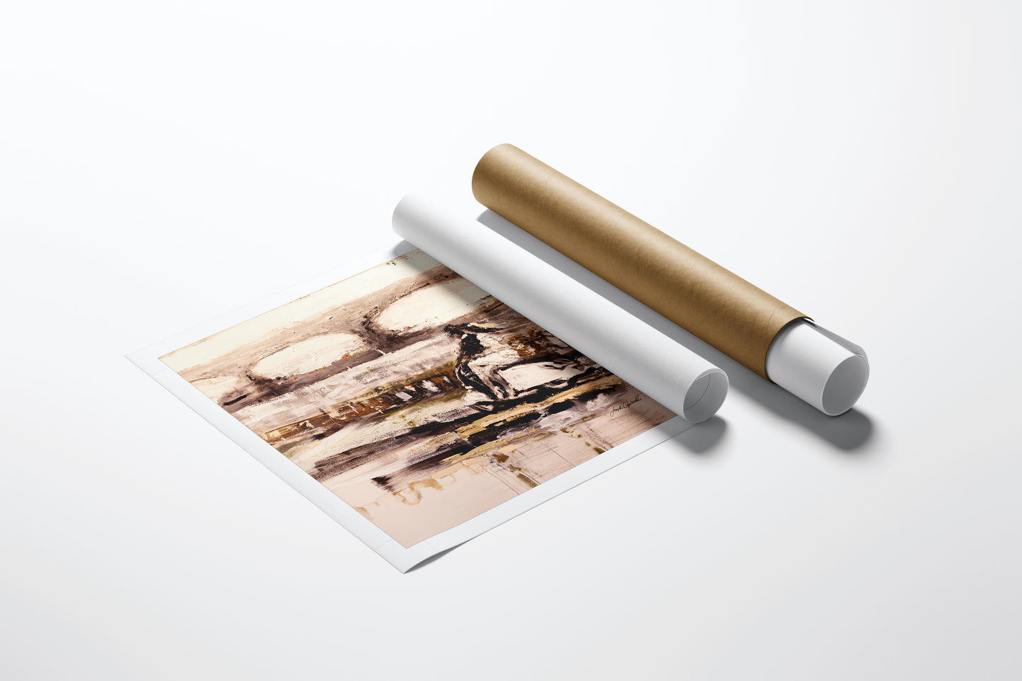 Rolled fine art canvas print titled A Simple Plan/AP/#108, abstract figurative in rich sepia tones, on white surface, paired . - A Simple Plan/AP/#108 - Artist Proofs, Figurative AP, Rolled Canvas
