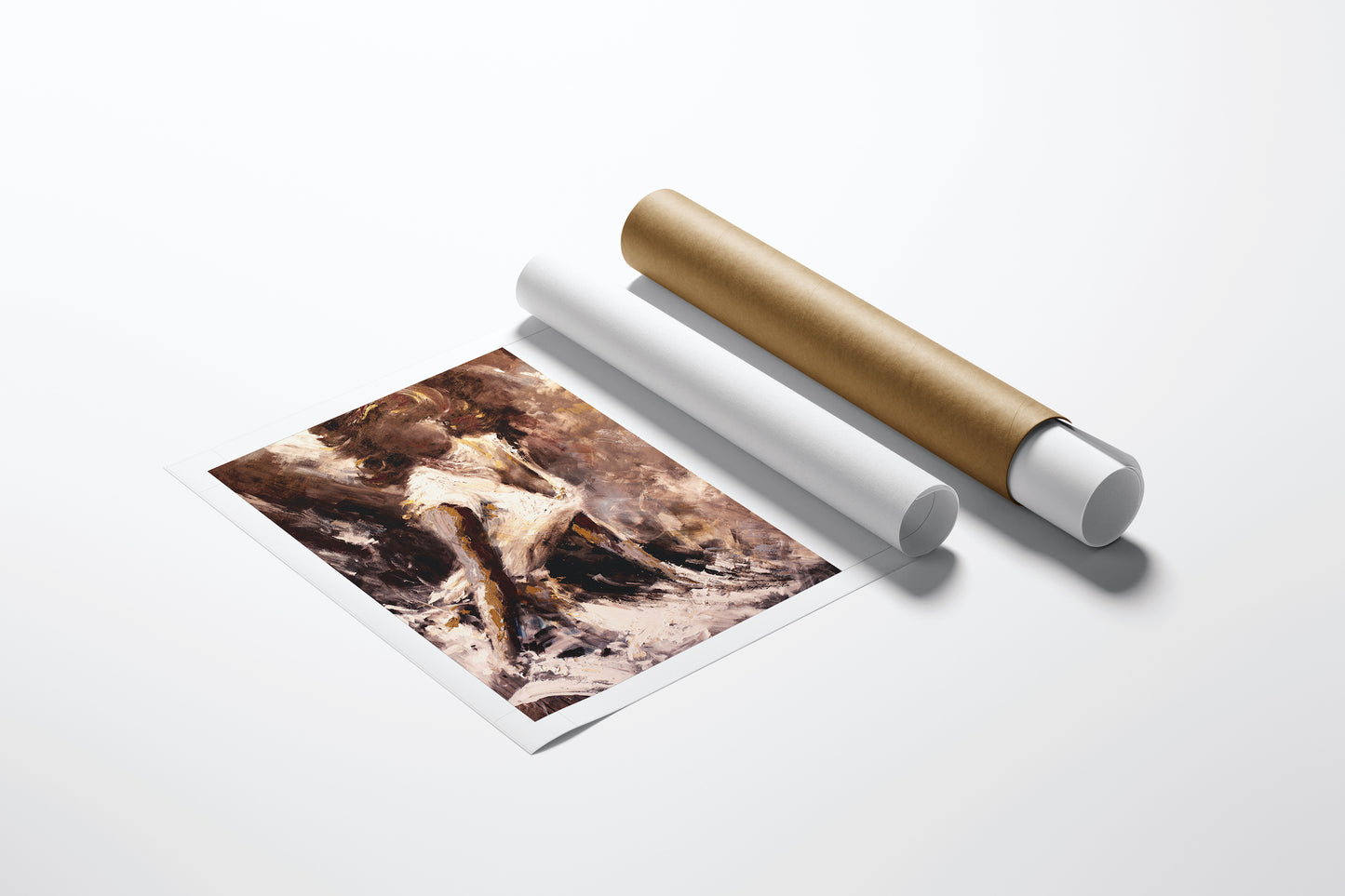 Fine art figurative print on smooth paper with rich earth tones, shown alongside rolled kraft and white tubes, emphasizing. - Fever/AP/#110 - Artist Proofs, Figurative AP, Rolled Canvas