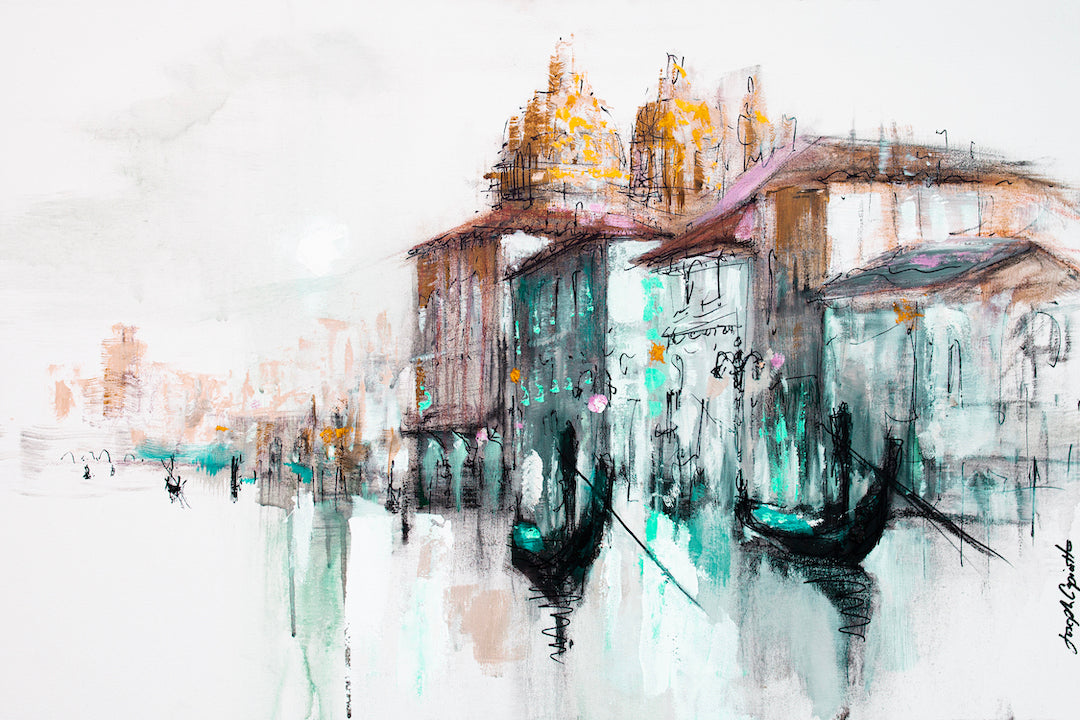 Limited edition fine art print depicting a rich, impressionistic Venice cityscape with orange domes, greenish-blue water. - Venice Study Series #1/#140/C - Cityscape, Color, Greens, Landscape, Oranges, Prints, Subject Matter, Water Scenes