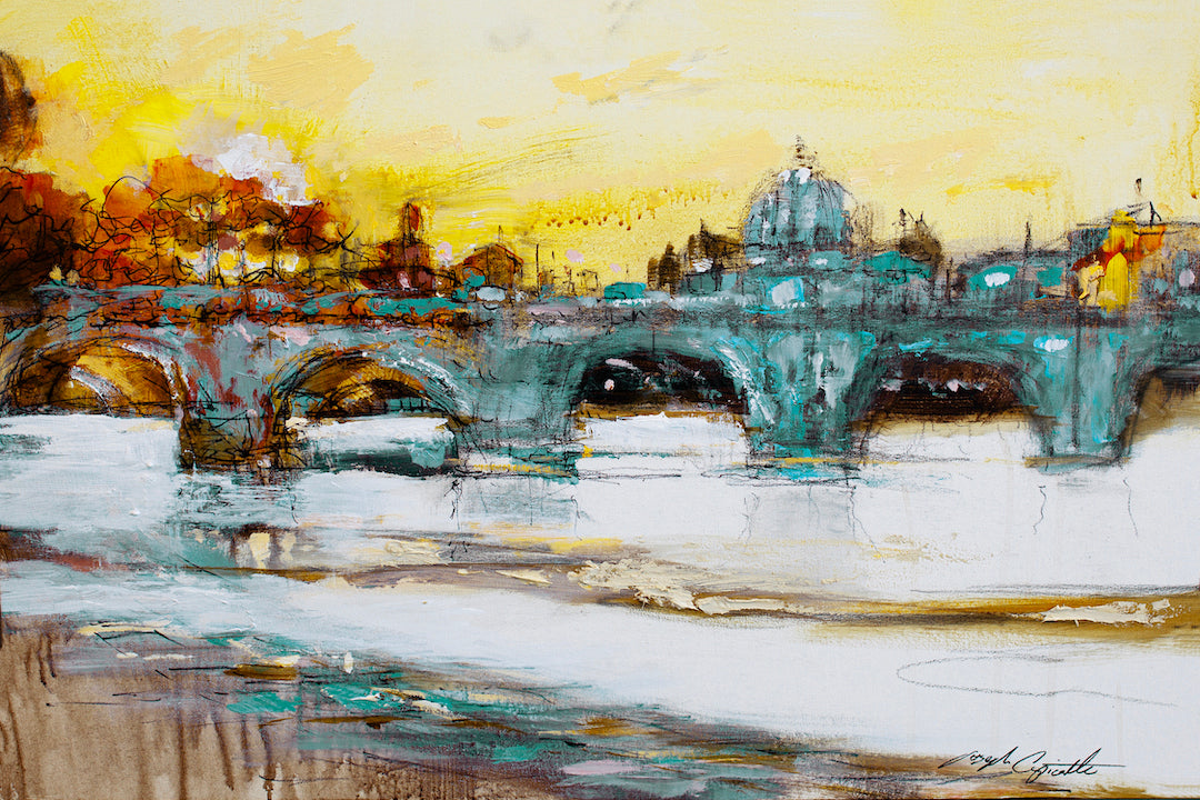 Richly textured fine art canvas print depicting a cityscape with green and orange accents, a river with reflections, and an. - On the Tiber/#162/A - Cityscape, Color, Greens, Landscape, Oranges, Prints, Subject Matter, Water Scenes, Yellows