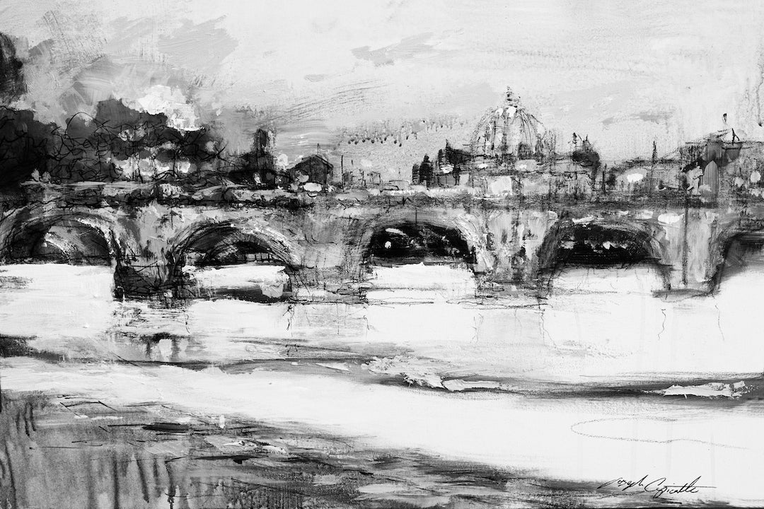 Black and white fine art canvas print of a cityscape featuring a stone bridge over a river, showcasing rich, gallery-level. - On the Tiber/#162/D - Black & White, Cityscape, Color, Landscape, Prints, Subject Matter, Water Scenes