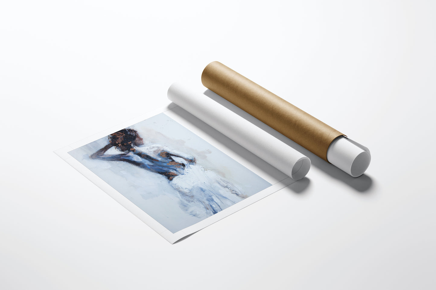 Rolled canvas fine art print with abstract figurative design in rich blues and browns, showcasing gallery-level. - Lady in Leaves/AP/#175 - Artist Proofs, Figurative AP, Rolled Canvas