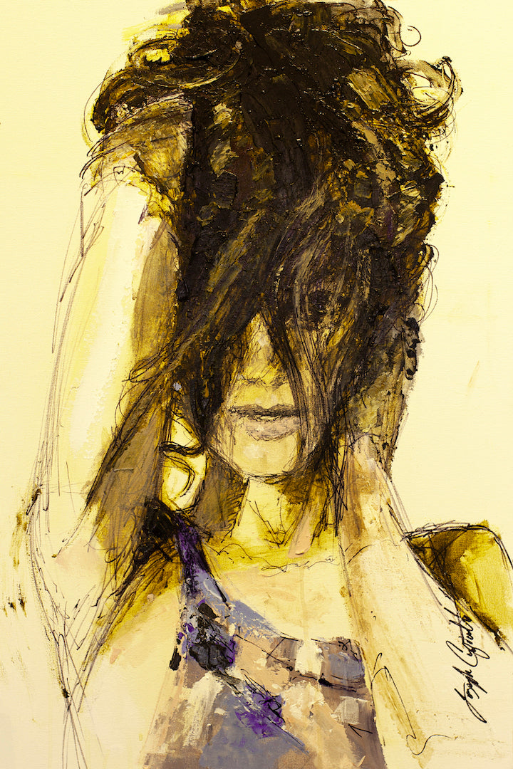 Fine art canvas print depicting a figurative subject with rich yellows and intricate camouflage-patterned brushstrokes,. - Camouflage/#186/C - Color, Figurative, Prints, Subject Matter, Yellows