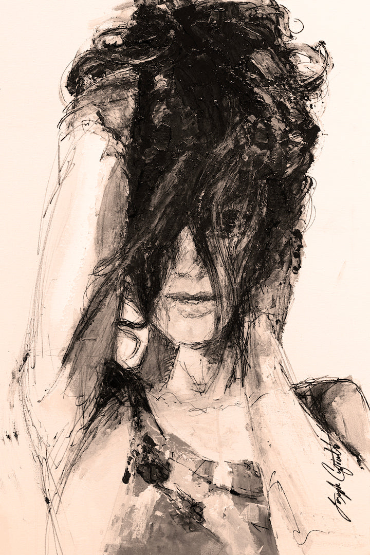 Rich sepia-toned fine art print featuring a figurative woman obscured by voluminous textured hair, highlighting. - Camouflage/#186/E - Color, Figurative, Prints, Sepia, Subject Matter