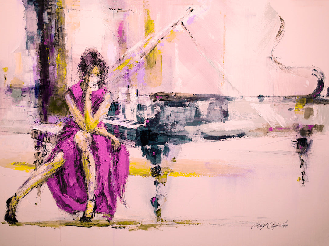Rich, gallery-level fine art of a woman in a flowing purple dress seated at a grand piano, abstract oranges and purples with . - Sentimental in Red/#211/A - Color, Figurative, Oranges, Prints, Purples, Subject Matter, Women & Piano