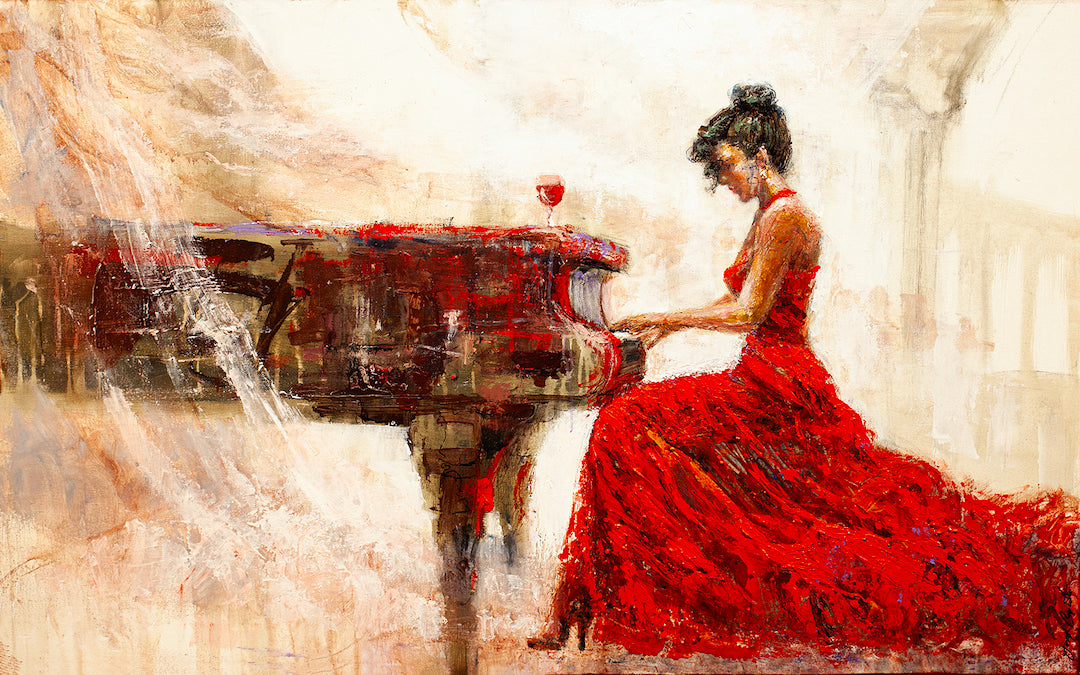 lady in red dress playing piano painting Vera Rosso/AP/#22 – CAPICOTTO Vintage Wedding Dresses Online