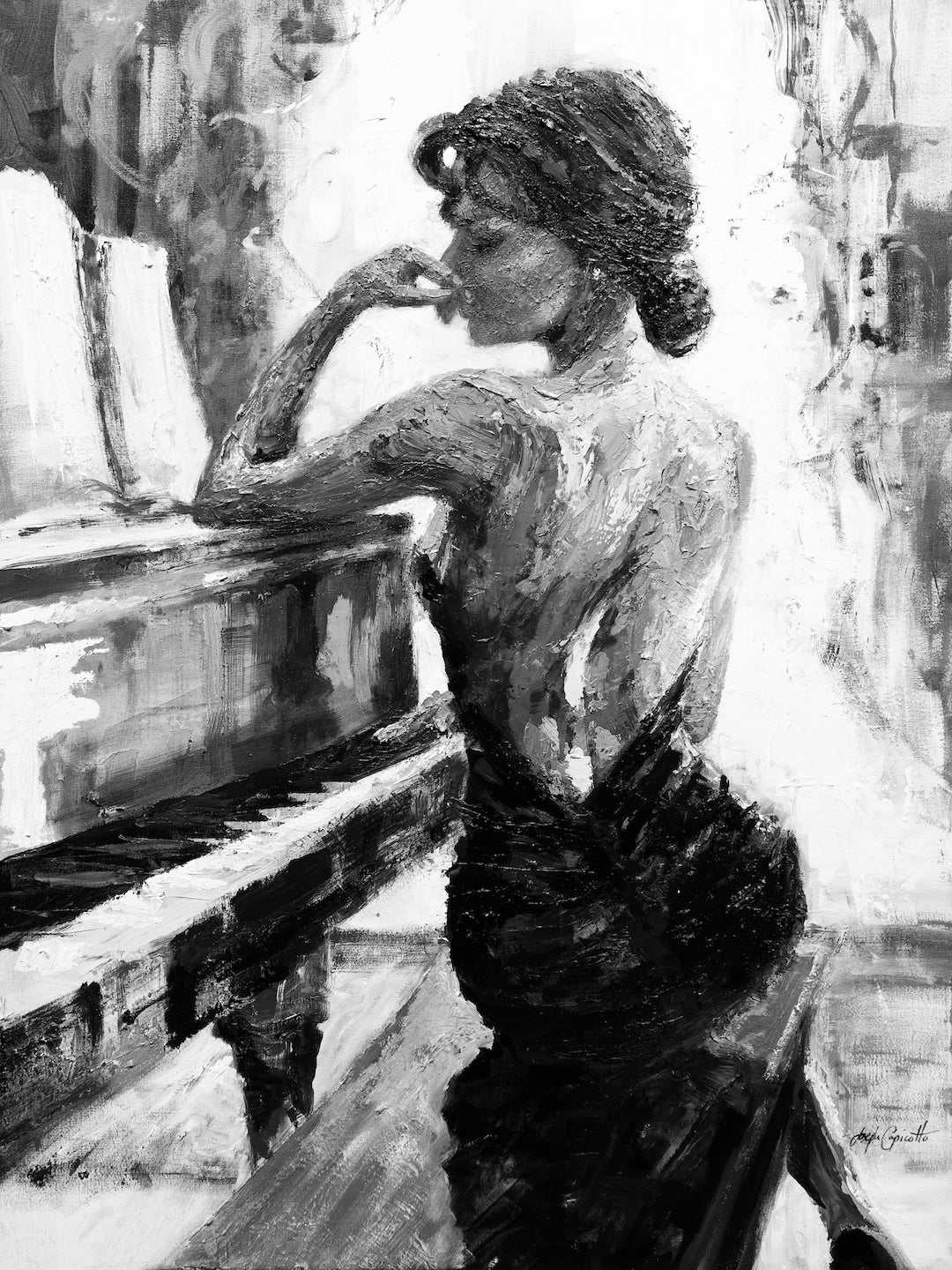 Black and white fine art canvas print of a woman in an elegant dress seated at a grand piano, showcasing rich textures and. - My Thoughts/#23/D - Black & White, Color, Figurative, Prints, Subject Matter, Women & Piano