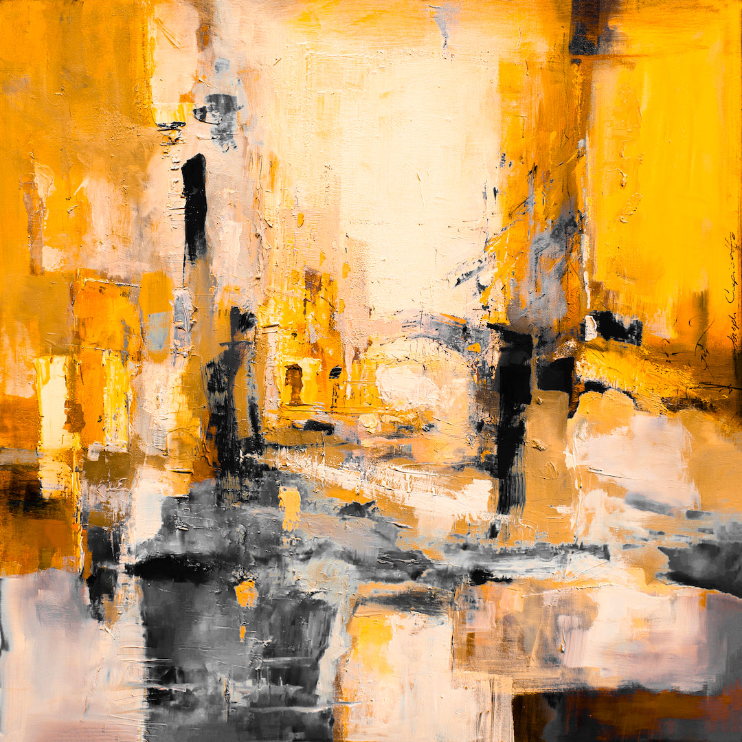 Limited edition fine art canvas featuring rich abstract composition in warm oranges and yellows with textured black and. - Venetian Highway/#240/B - Abstract, Color, Oranges, Prints, Subject Matter, Yellows