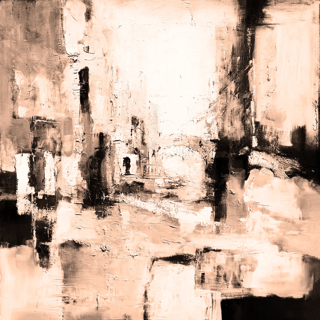 Rich sepia-toned abstract cityscape with textured brushstrokes and layered architectural forms, showcasing gallery-level. - Venetian Highway/#240/E - Abstract, Color, Prints, Sepia, Subject Matter