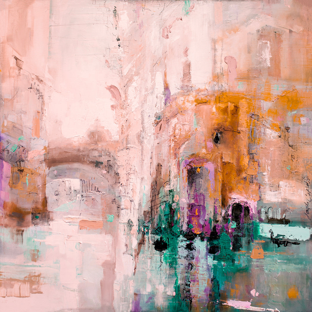 Limited edition fine art canvas print depicting an abstract cityscape with rich greens, oranges, and soft pinks, showcasing. - Venetian Crossroads/#241/B - Abstract, Cityscape, Color, Greens, Oranges, Prints, Subject Matter