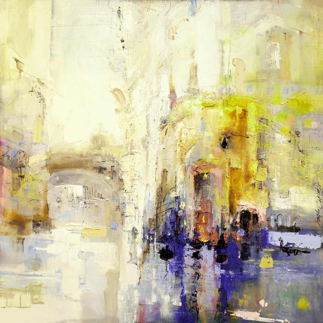 Abstract Venetian cityscape fine art print in rich purples and yellows, showcasing gallery-level craftsmanship and quality. - Venetian Crossroads/#241/C - Abstract, Cityscape, Color, Prints, Purples, Subject Matter, Water Scenes, Yellows