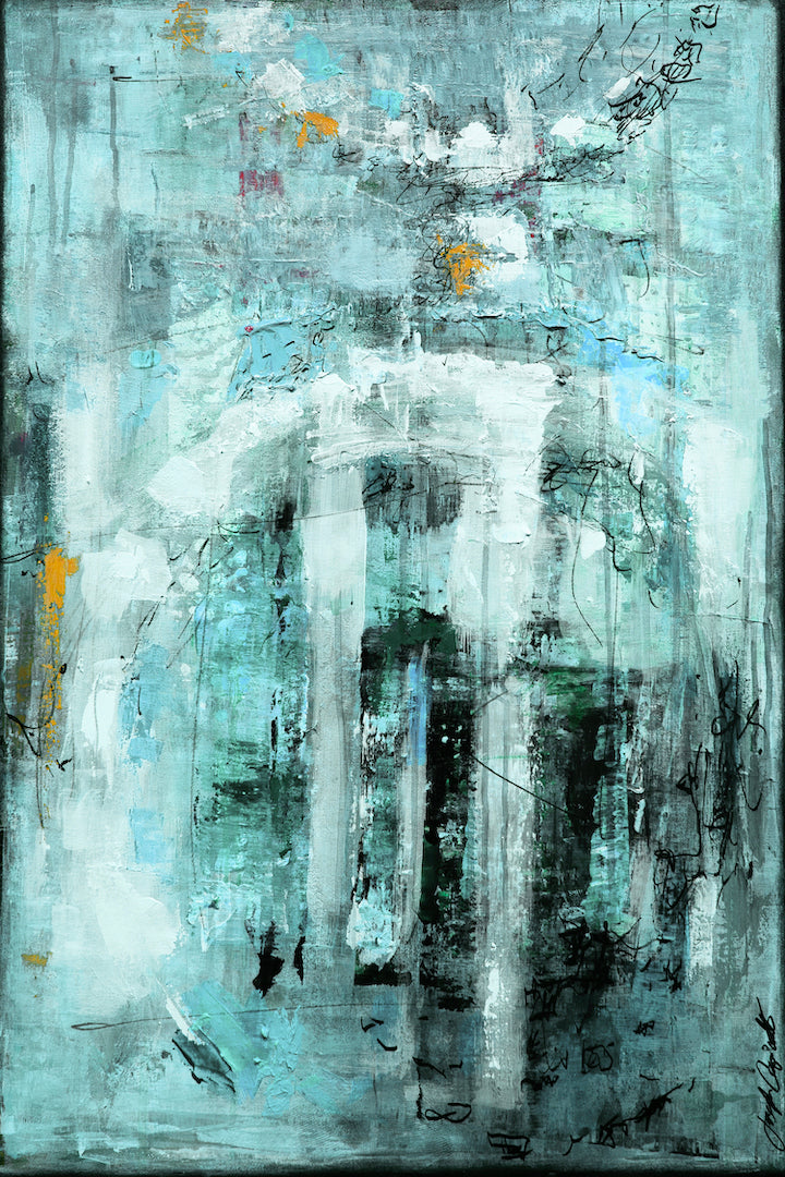 Abstract fine art canvas in rich blues and greens featuring textured brushstrokes and layered composition, showcasing. - Pendant/#252/B - Abstract, Blues, Color, Greens, Prints, Subject Matter