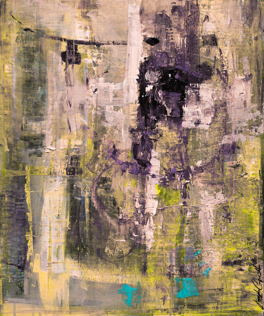 Abstract fine art canvas featuring rich yellows, muted purples, and textured brushstrokes with dynamic layered composition. - Monk, Bishop, Helicopter/#261/A - Abstract, Color, Prints, Subject Matter, Yellows