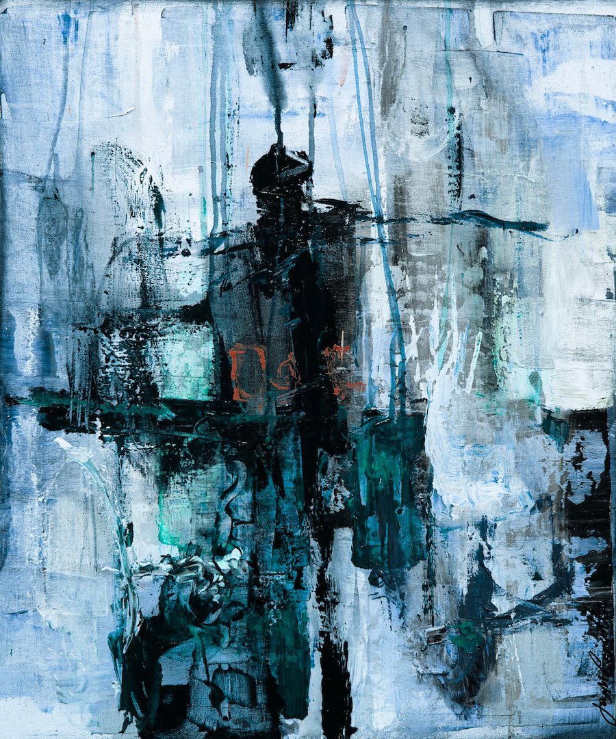 Abstract blues-inspired fine art canvas featuring rich layered brushstrokes in deep teal, black, and white with subtle rust. - Music Man/#262/C - Abstract, Blues, Color, Prints, Subject Matter