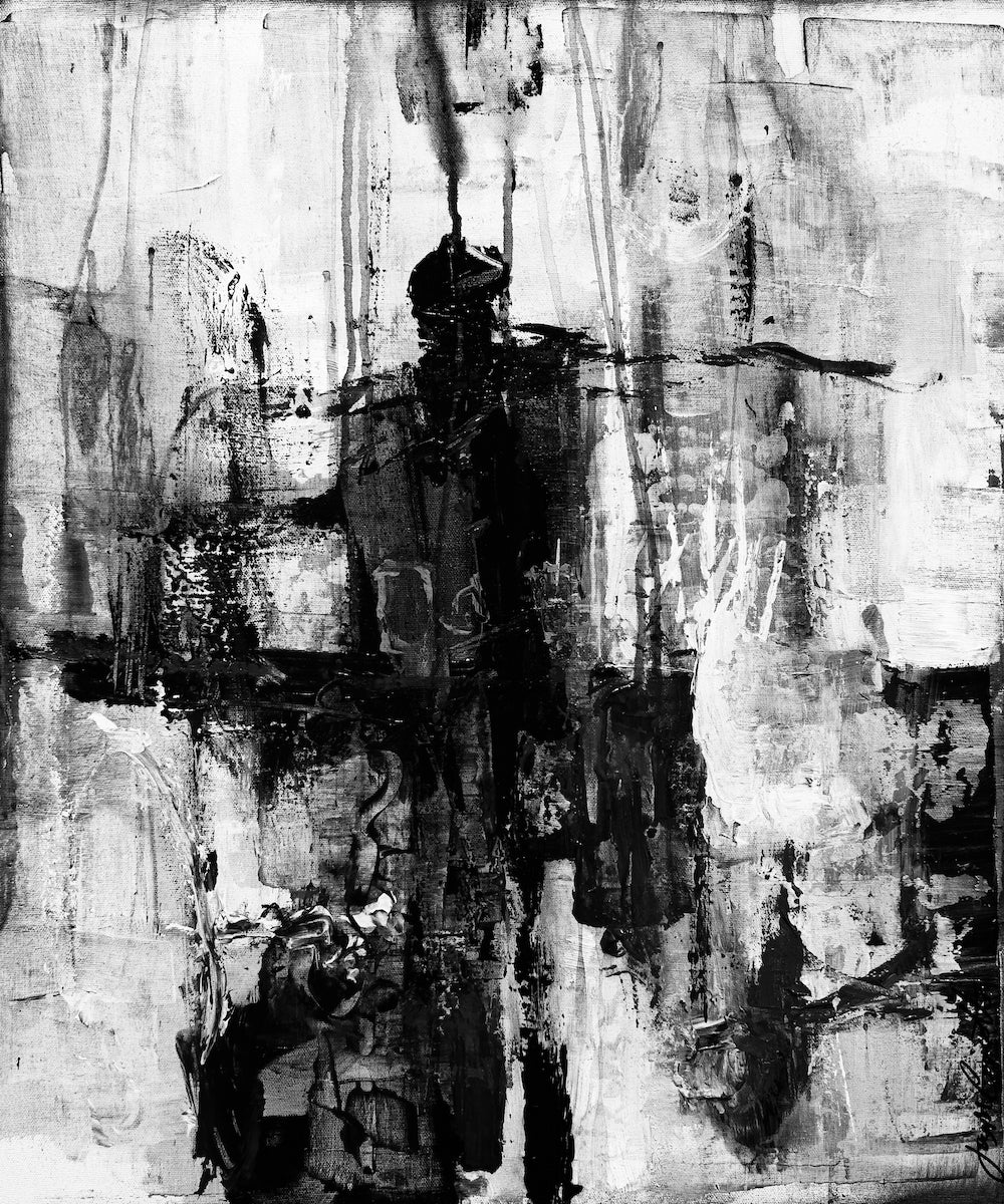 Limited edition fine art print showcasing an abstract black and white composition with rich textures and dynamic. - Music Man/#262/D - Abstract, Black & White, Color, Prints, Subject Matter