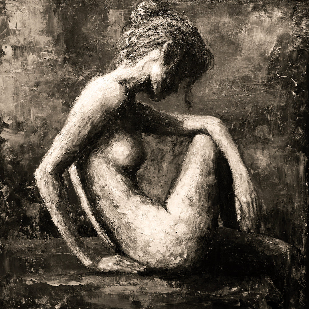 Sepia-toned fine art canvas print of a seated nude female figure with textured, rich brushstrokes showcasing gallery-level. - Warmth in One/#267/E - Color, Figurative, Prints, Sepia, Subject Matter