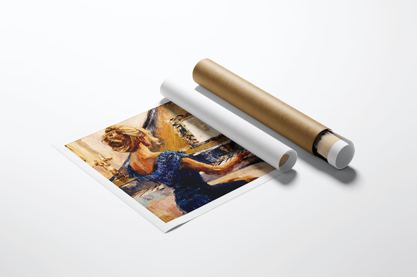 Rolled fine art canvas showing a rich, gallery-level figurative painting of a woman playing piano, emphasizing craftsmanship . - Golden Highlights/AP/#270 - Artist Proofs, Figurative AP, Rolled Canvas, Women & Piano AP