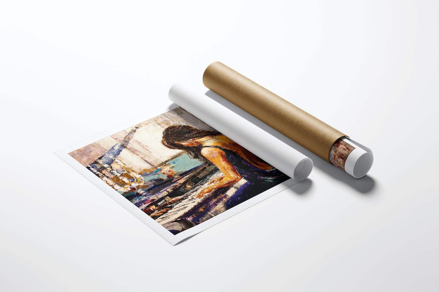 Rolled canvas fine art print titled Piano Blues featuring rich colors and detailed craftsmanship of a woman playing piano,. - Piano Blues/AP/#272 - Artist Proofs, Figurative AP, Rolled Canvas, Women & Piano AP