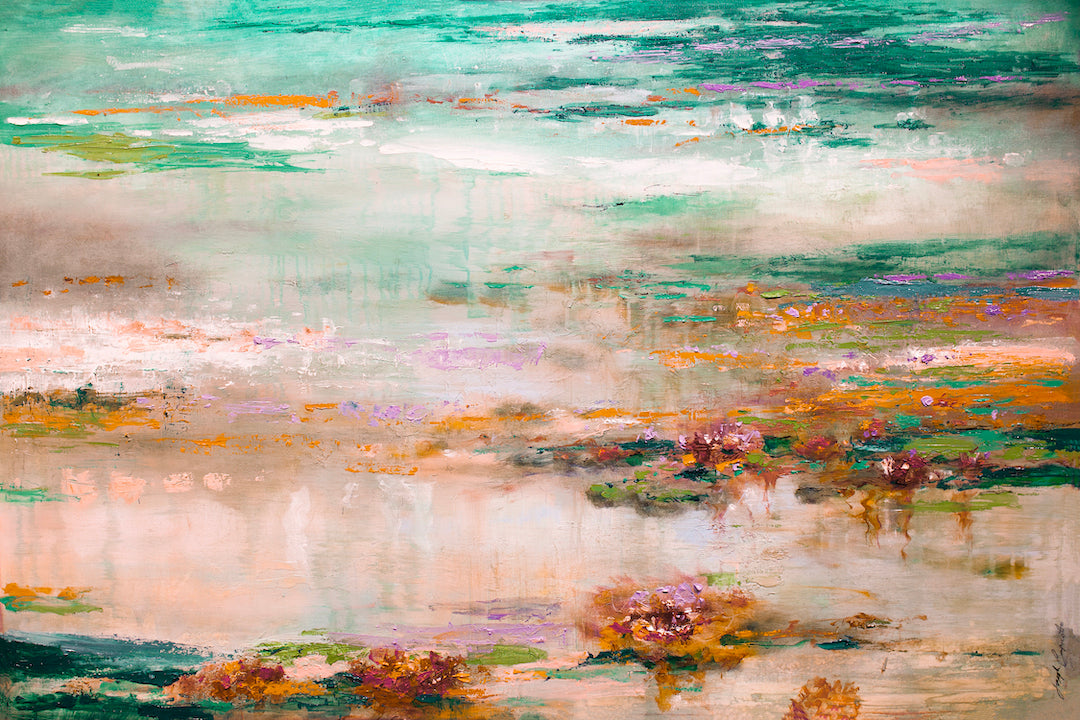 Limited fine art canvas print featuring a rich, textured abstract landscape with vibrant greens, oranges, and water scene. - My Monet/#274/C - Color, Greens, Landscape, Oranges, Prints, Subject Matter, Water Scenes