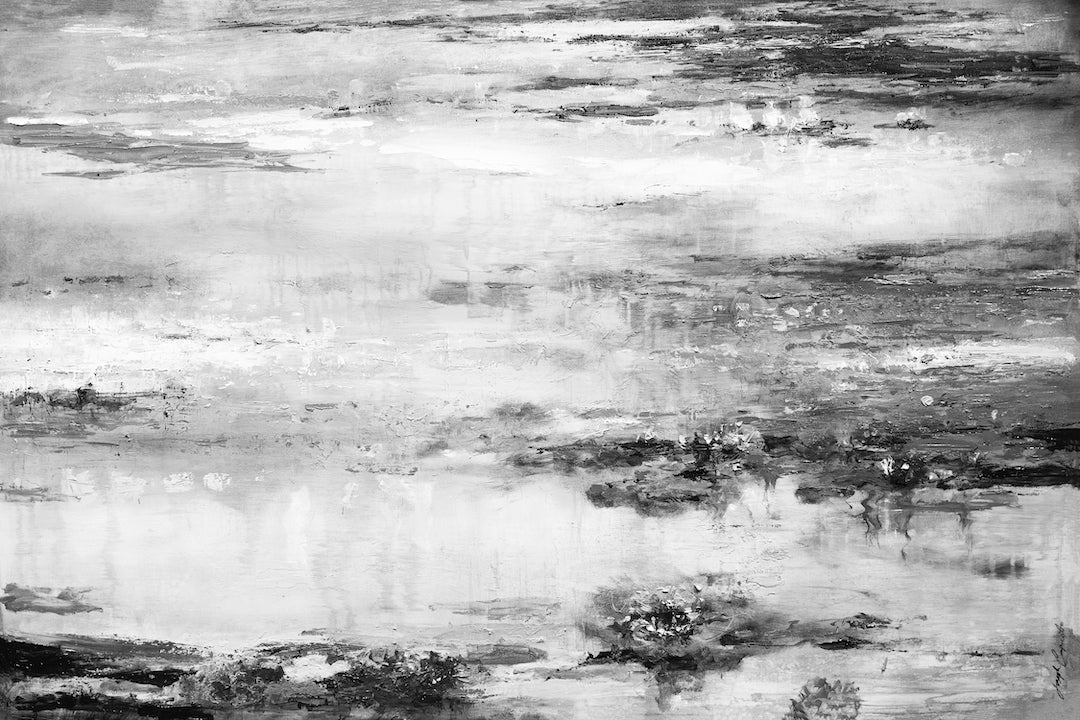 Black and white fine art landscape print featuring a rich, textured water scene with layered reflections and subtle tonal. - My Monet/#274/D - Black & White, Color, Landscape, Prints, Subject Matter, Water Scenes