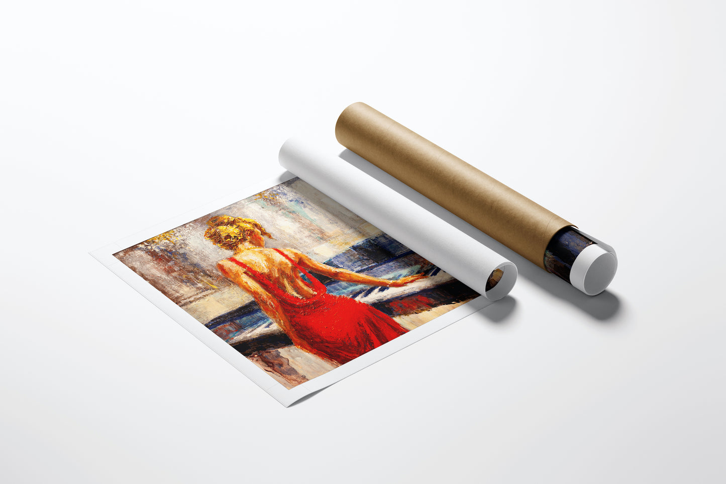 Rolled canvas fine art print of a woman in a red dress playing piano, rich colors, gallery-level craftsmanship. - Remember When.../#278 - Figurative LE, Limited Editions, Rolled Canvas, Women & Piano LE