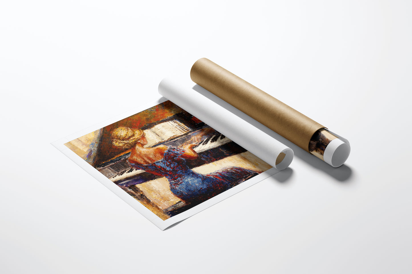 Rolled canvas fine art print of a woman playing piano in rich warm tones, showcasing gallery-level craftsmanship and quality. - A Touch of Red/AP/#281 - Artist Proofs, Figurative AP, Rolled Canvas, Women & Piano AP
