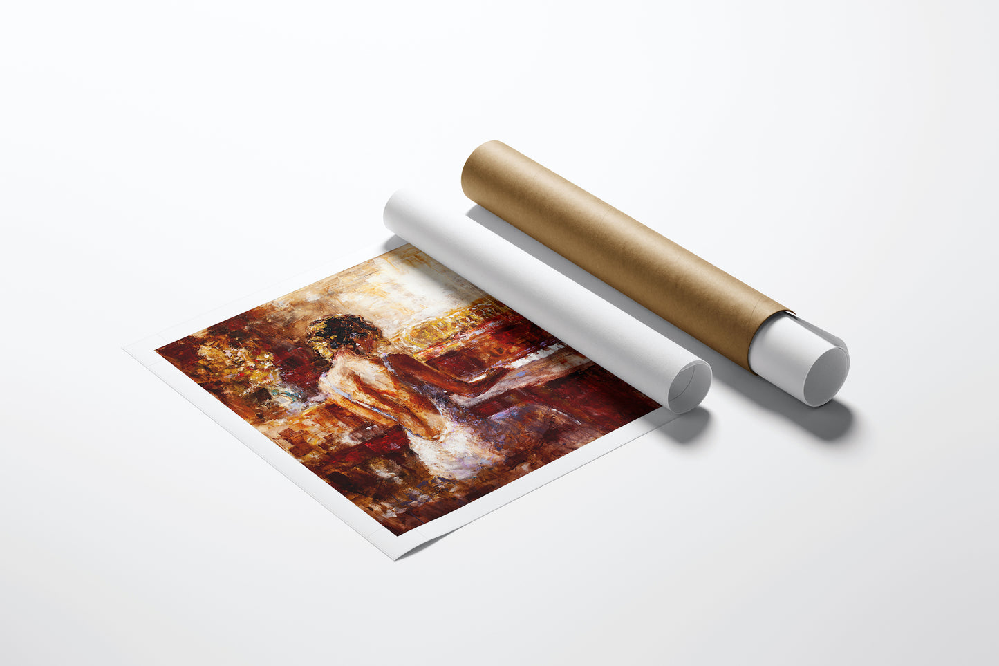Limited fine art print titled Warmth in White/AP/#290 featuring rich, textured figurative imagery of women and a piano on. - Warmth in White/AP/#290 - Artist Proofs, Figurative AP, Rolled Canvas, Women & Piano AP