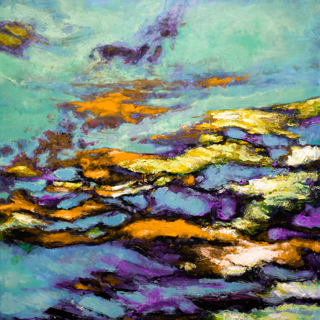 Abstract fine art with rich blues, greens, and oranges on canvas, showcasing gallery-level craftsmanship and vibrant quality. - And They're Off/#297/B - Abstract, Blues, Color, Greens, Oranges, Prints, Subject Matter