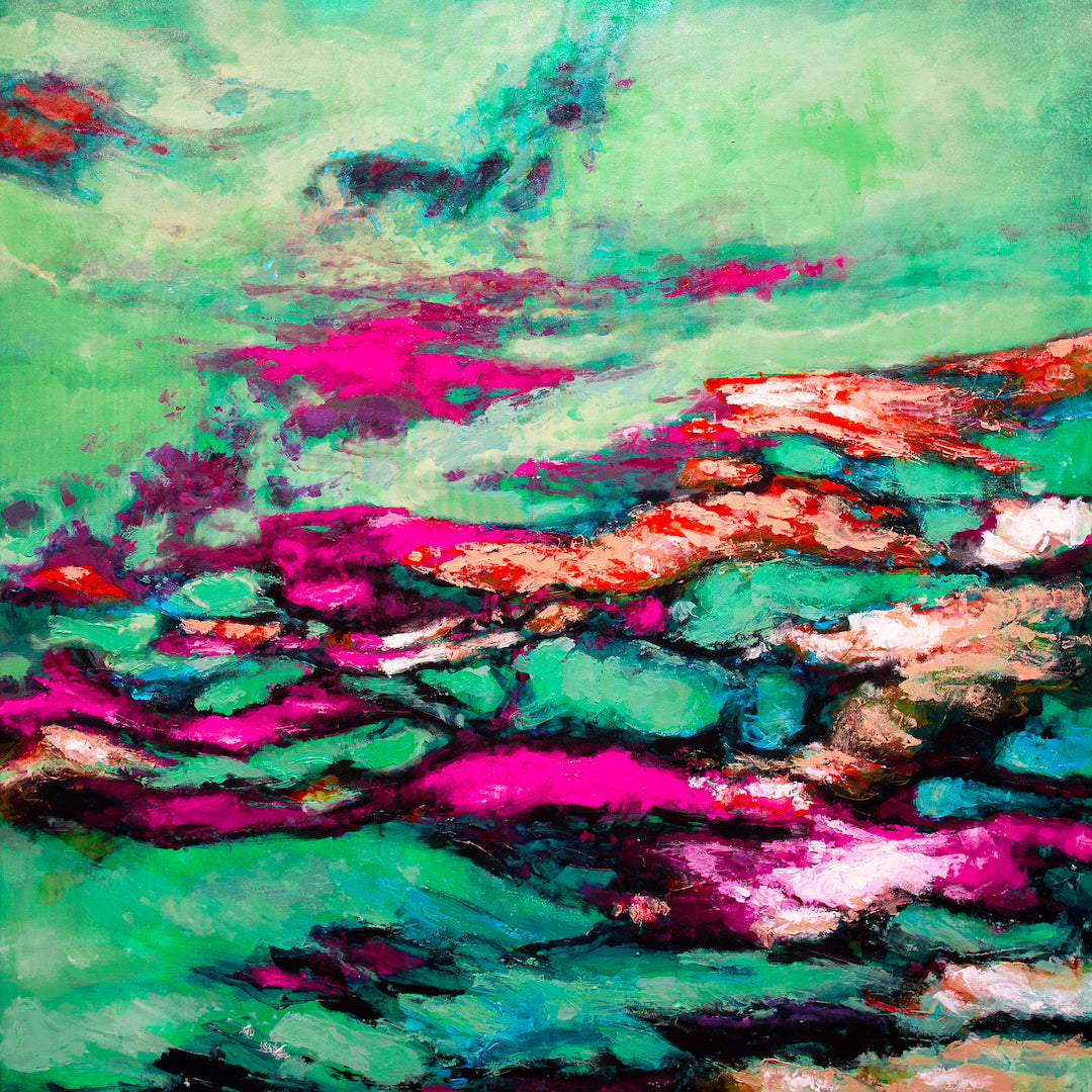 Abstract fine art print featuring rich greens and purples with dynamic brushstrokes and textured layers, gallery-level. - And They're Off/#297/C - Abstract, Color, Greens, Prints, Purples, Subject Matter