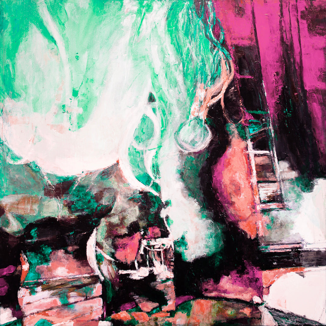 Abstract fine art canvas with rich greens and purples, dynamic brushstrokes, gallery-level craftsmanship. - Pictures/#299/B - Abstract, Color, Greens, Prints, Purples, Subject Matter