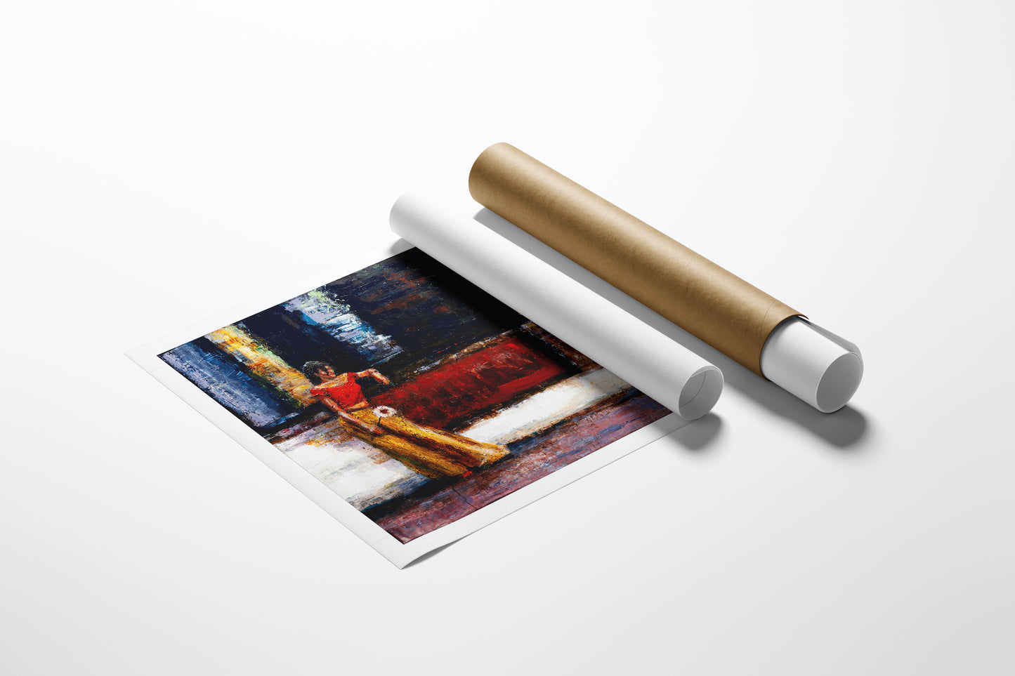 Rolled canvas fine art print showing rich, detailed figurative scene with deep blue and warm red tones next to protective. - Waiting On a Friend/AP/#310 - Artist Proofs, Figurative AP, Rolled Canvas