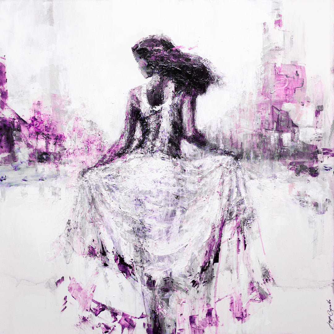 Fine art print of a figurative dancer in flowing white and purple dress, soft brushstrokes, rich textures, gallery-level. - Cherry Blosson/#314/C - Color, Dancers, Figurative, Prints, Purples, Subject Matter
