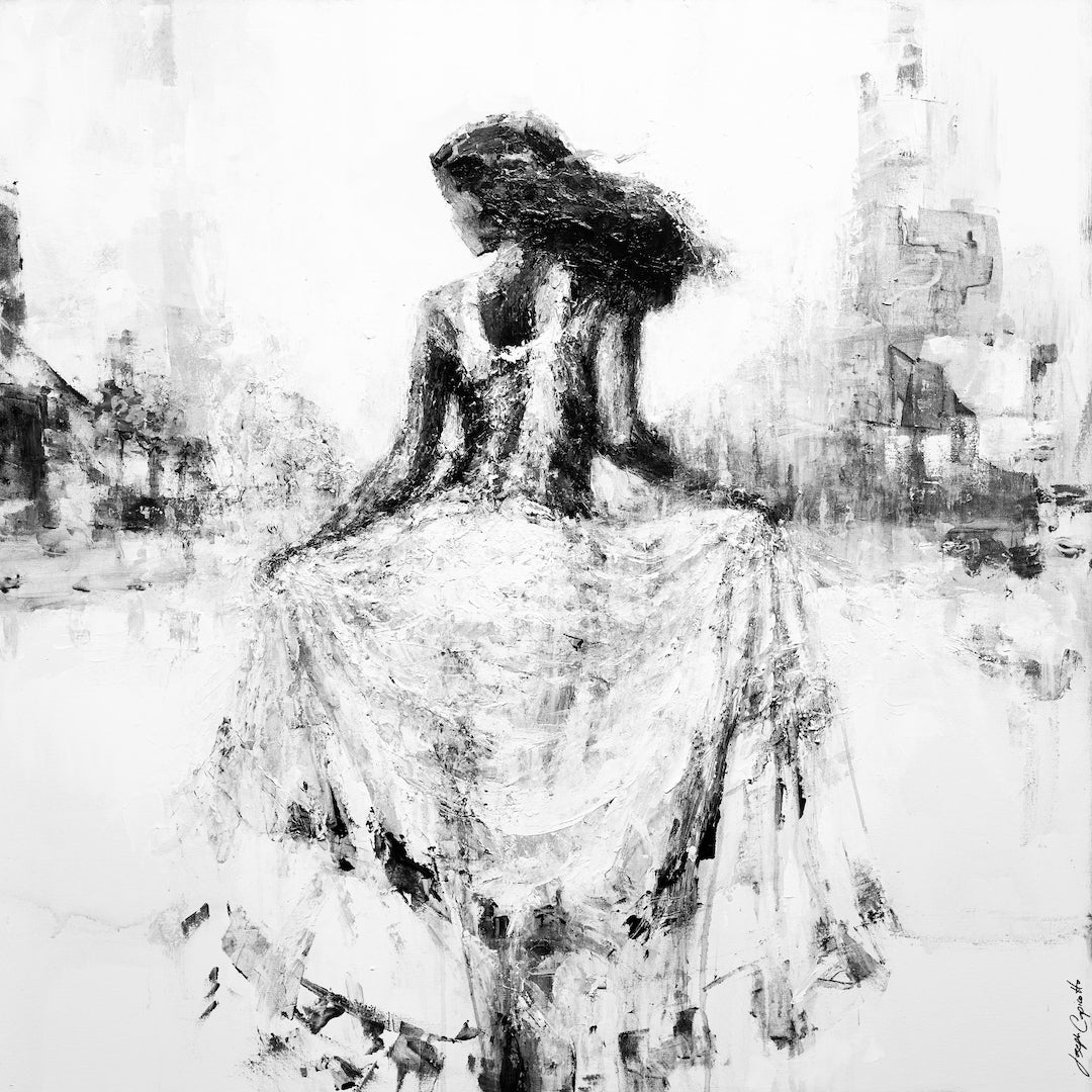 Black and white fine art print of a female dancer in flowing dress, cityscape blurred in background, rich brushwork and. - Cherry Blosson/#314/D - Black & White, Color, Dancers, Figurative, Prints, Subject Matter