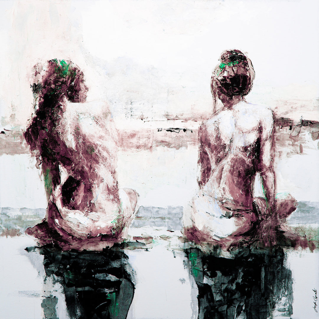 Limited fine art canvas print depicting two female figures from behind seated by water, rich reds and greens with expressive . - Rio/#315/B - Color, Figurative, Greens, Prints, Reds, Subject Matter