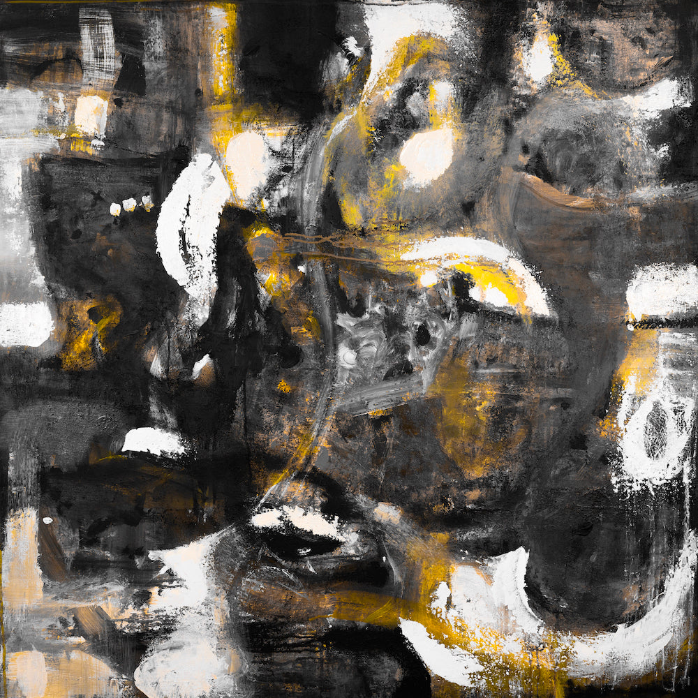 Abstract fine art print featuring rich oranges and yellows with dynamic black and white brushstrokes, showcasing expert. - Musical Mystique/#31/A - Abstract, Color, Oranges, Prints, Subject Matter, Yellows