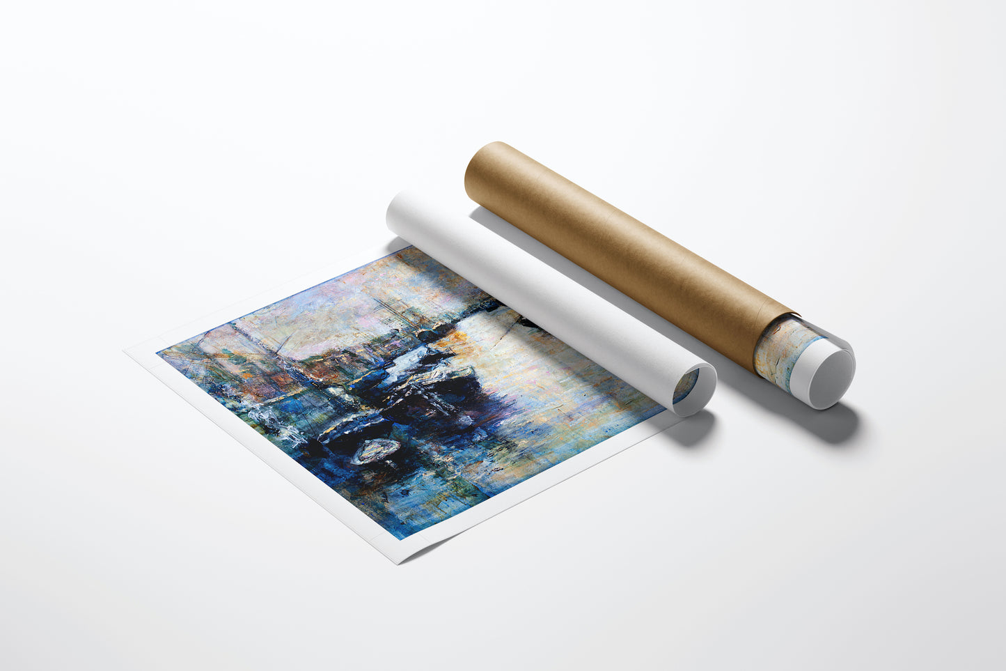 Rolled fine art canvas print featuring a rich, gallery-level water scene with detailed craftsmanship beside a gold and white . - London Docks/AP/#322 - Artist Proofs, Rolled Canvas, Water Scenes AP
