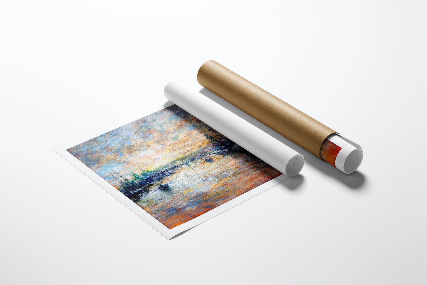 Limited edition fine art print on rolled canvas depicting a rich, impressionistic water scene with vibrant blues, oranges,. - Morning Glow/AP/#332 - Artist Proofs, Rolled Canvas, Water Scenes AP