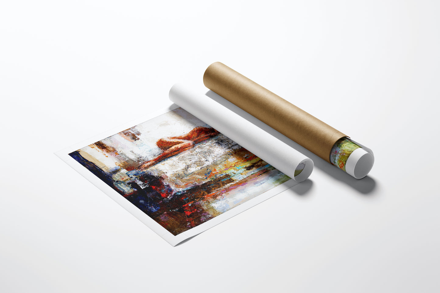 Rolled fine art canvas showing rich, abstract figurative artwork with warm tones, alongside protective kraft shipping tube,. - Dreams of You/AP/#352 - Artist Proofs, Figurative AP, Rolled Canvas