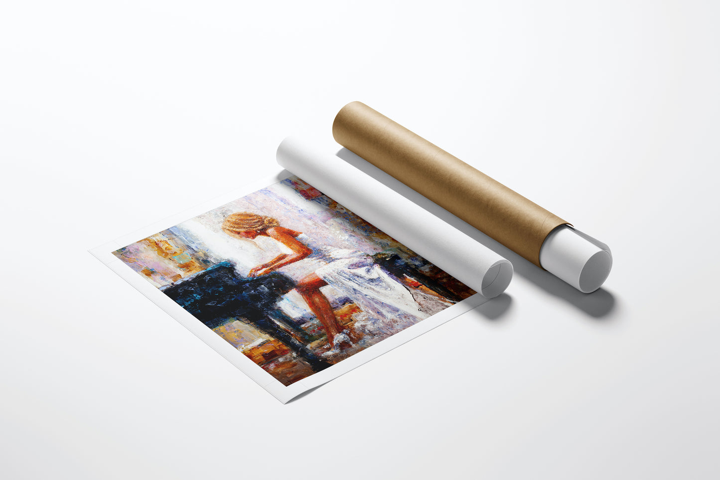 Limited fine art rolled canvas featuring rich, gallery-level figurative artwork of a woman playing piano, showcasing. - Almost Lovers/AP/#361 - Artist Proofs, Figurative AP, Rolled Canvas, Women & Piano AP