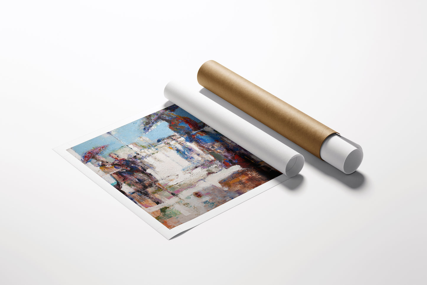 Rolled fine art canvas featuring rich abstract cityscape with layered blues, whites, and browns, showcasing gallery-level. - Rainy Day Banter/AP/#376 - Abstract AP, Artist Proofs, Figurative AP, Rolled Canvas
