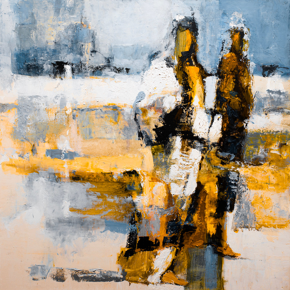 Gallery-level abstract fine art print with rich blues and oranges, textured brushstrokes, and dynamic human silhouettes. - Messiah/#384/B - Abstract, Blues, Color, Oranges, Prints, Subject Matter