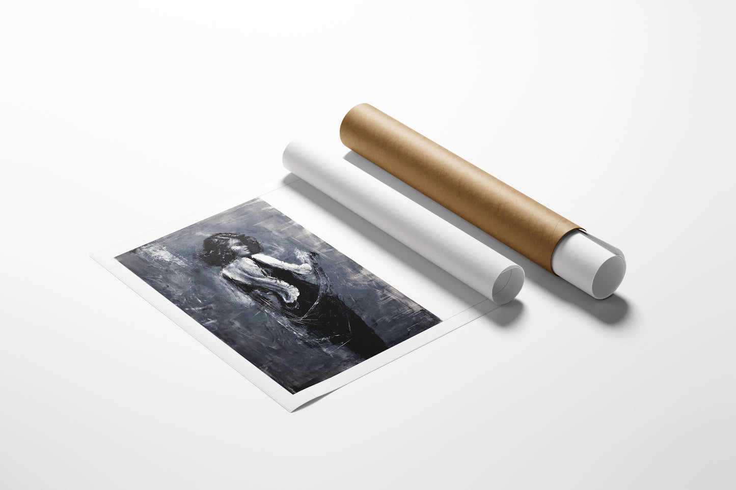 Limited edition fine art figurative print on flat canvas with rich tones beside rolled canvas tubes showcasing gallery-level . - Sensual/AP/#400 - Artist Proofs, Figurative AP, Rolled Canvas