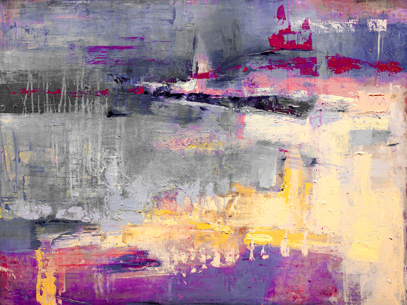 Abstract fine art canvas with rich purples, oranges, yellows, and grays, showcasing gallery-level craftsmanship and limited. - Friday Night/#407/A - Abstract, Color, Oranges, Prints, Purples, Subject Matter, Yellows